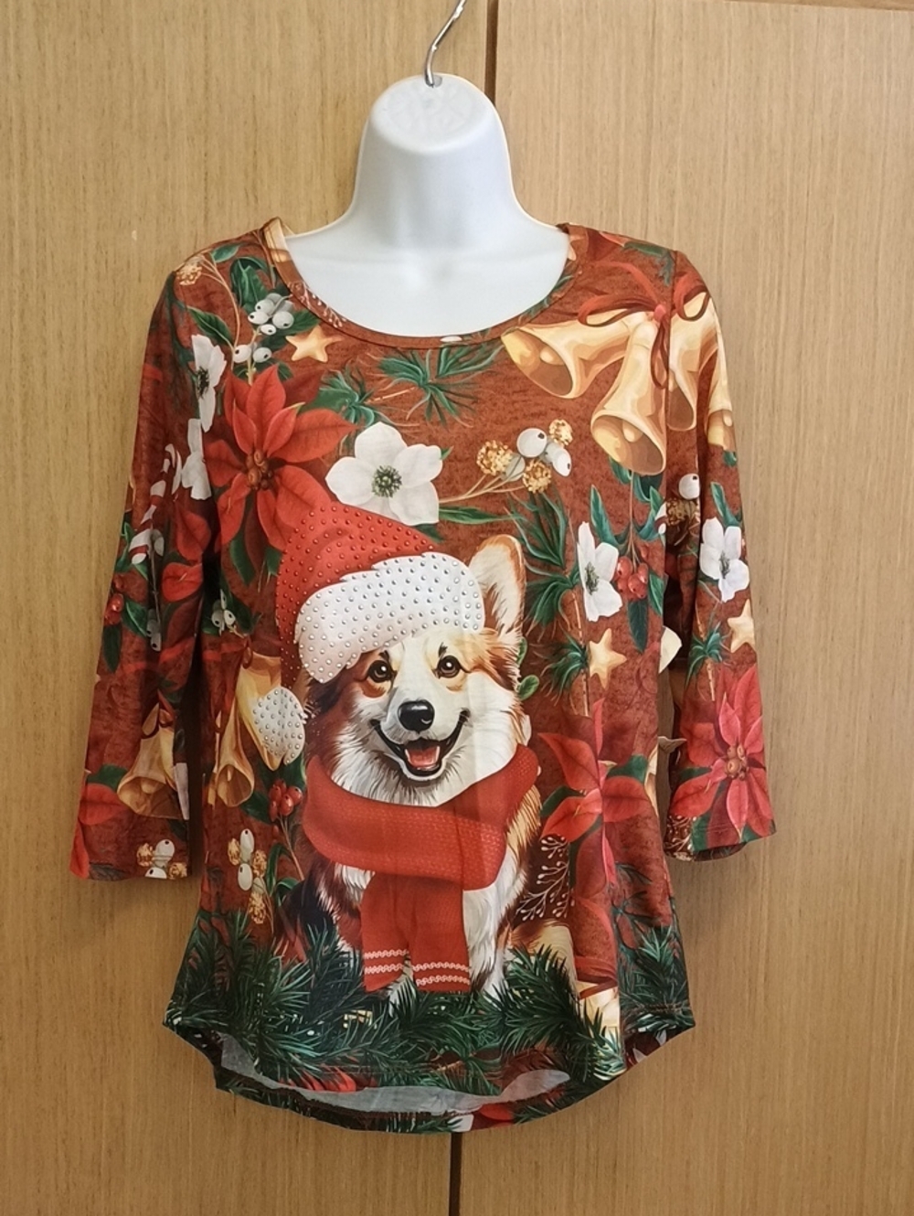 🎄🎄NWOT Oneworld SZ L Festive Red Holiday Corgi Print Women's Top